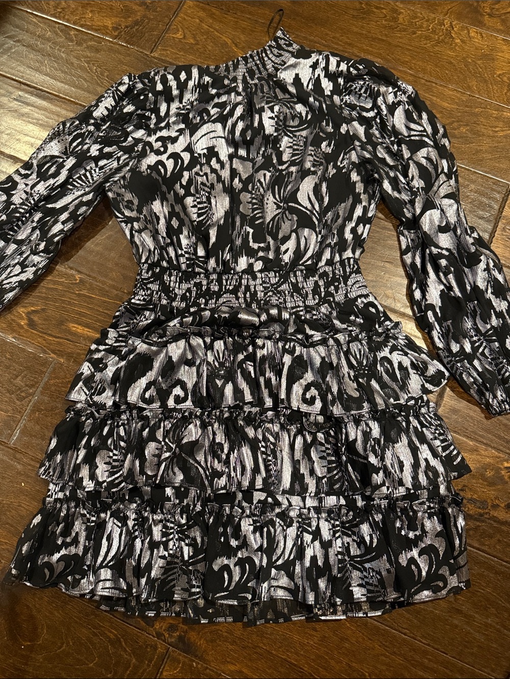 1. State Black and Silver Long Sleeve Tiered Ruffle Dress